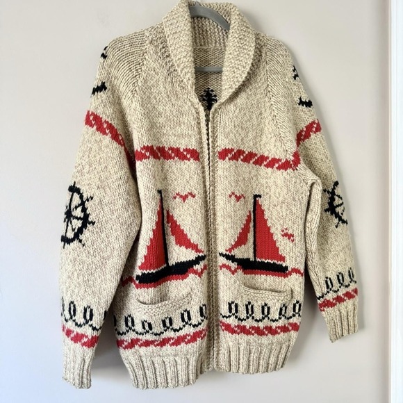 Vintage Sailing Wool Knit Cowichan Zip Cardigan 1950-70s cream red black - Picture 2 of 8